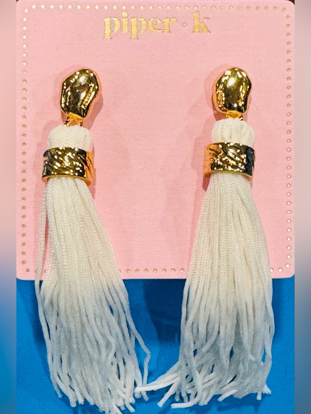 NWT Piper•K White Tassel Drop Earrings with Gold Accents